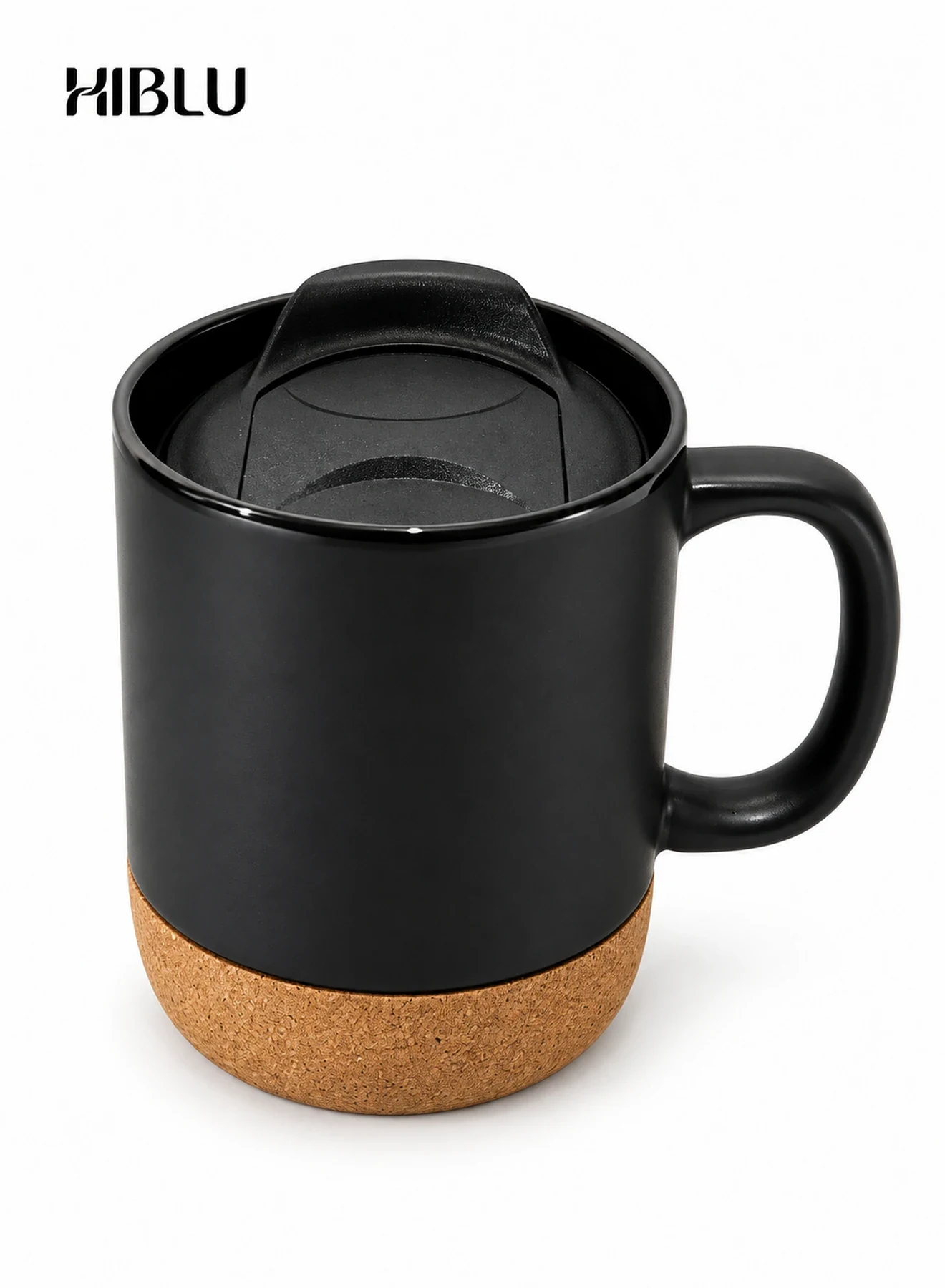 Ceramic Coffee Mug with Sliding Lid and Cork Base, 385 ml - Black — main product image