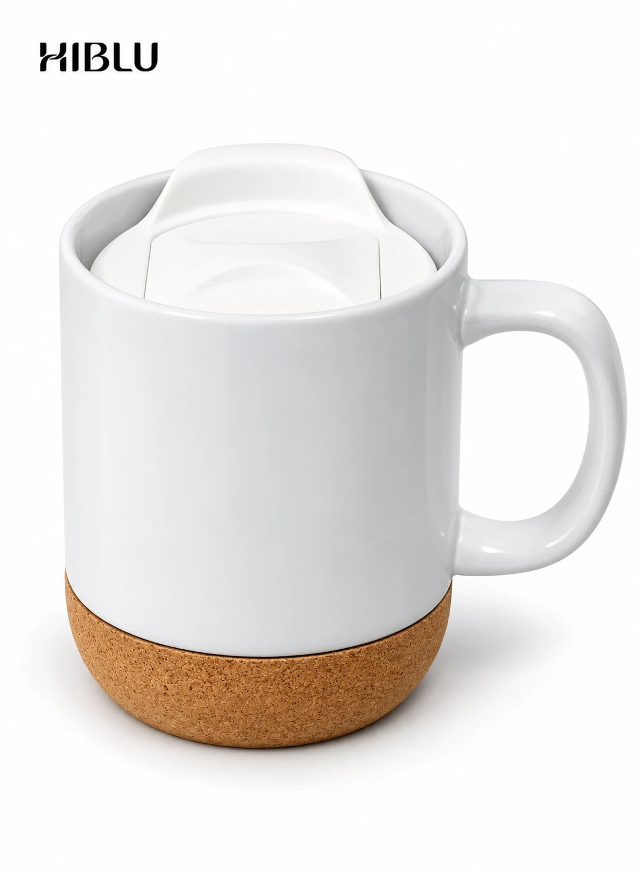 Ceramic Coffee Mug with Sliding Lid and Cork Base, 385 ml - White — main product image