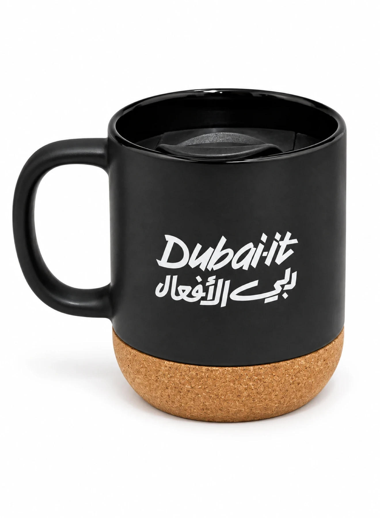 Dubai-it Ceramic Coffee Mug with Sliding Lid and Cork Base, 385 ml - Black — main product image