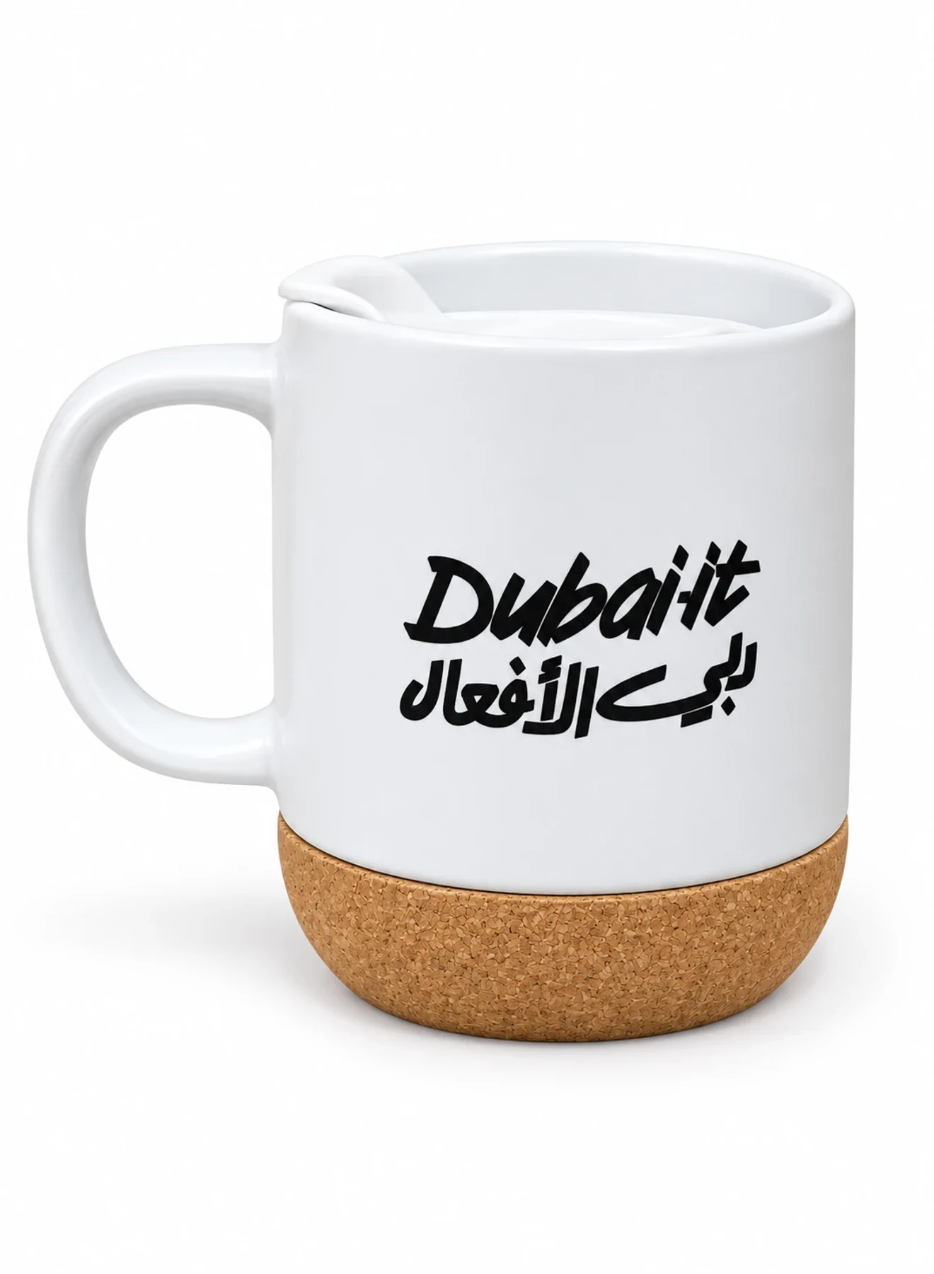 Dubai-it Ceramic Coffee Mug with Sliding Lid and Cork Base, 385 ml - White — main product image