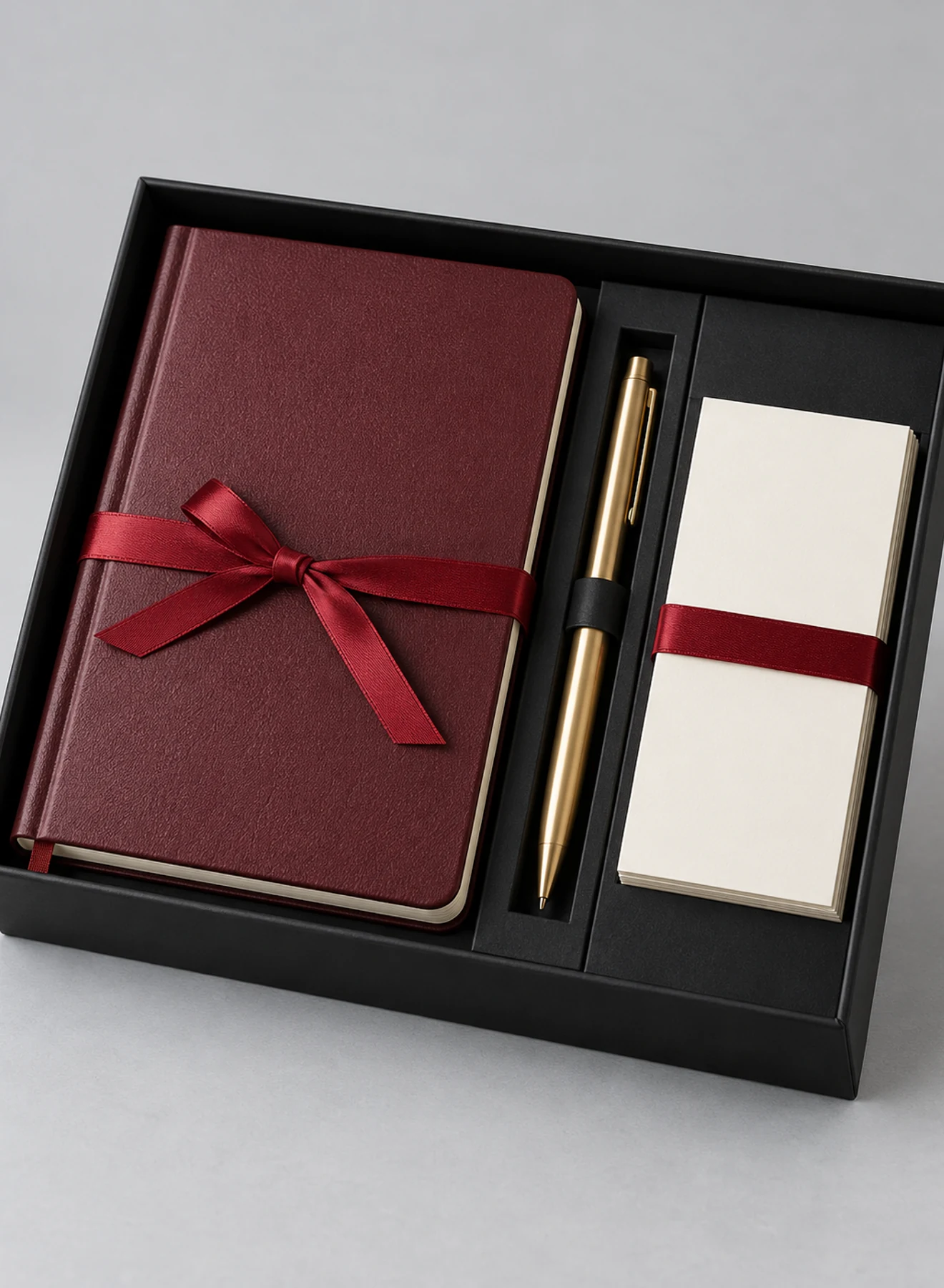 Everyday Note Set, stationery set in Burgundy, Black, Gold, product view on a light studio background