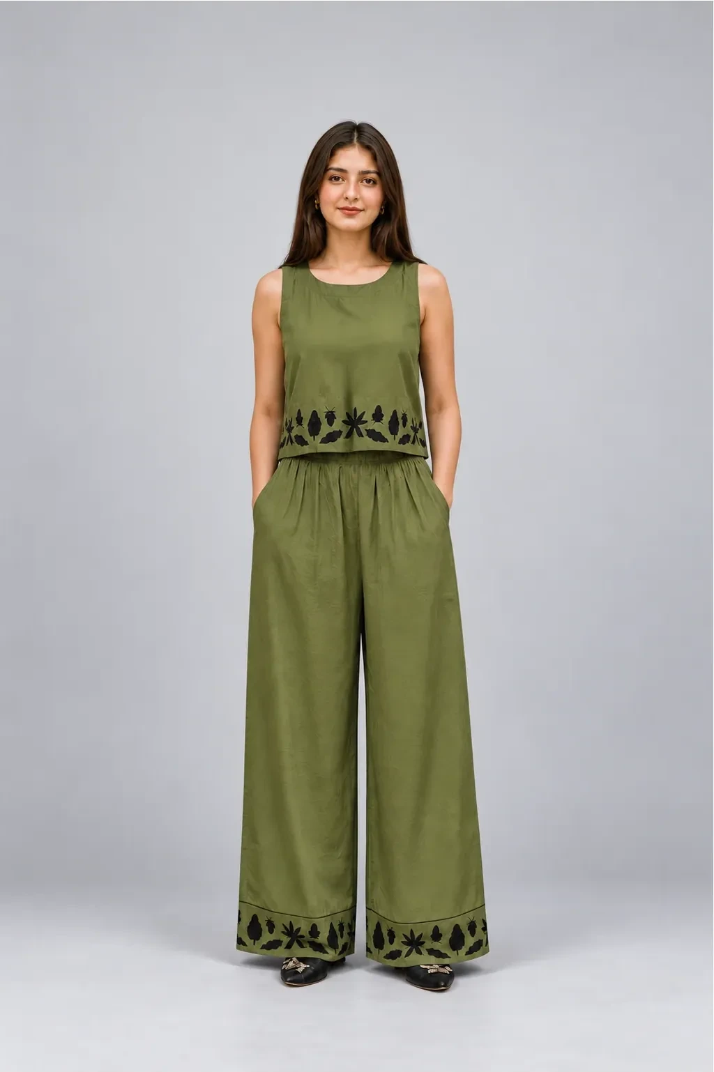 Co-ord Set Forest Whispers Embroidered by Hangout in Olive Green — two-piece co-ord set