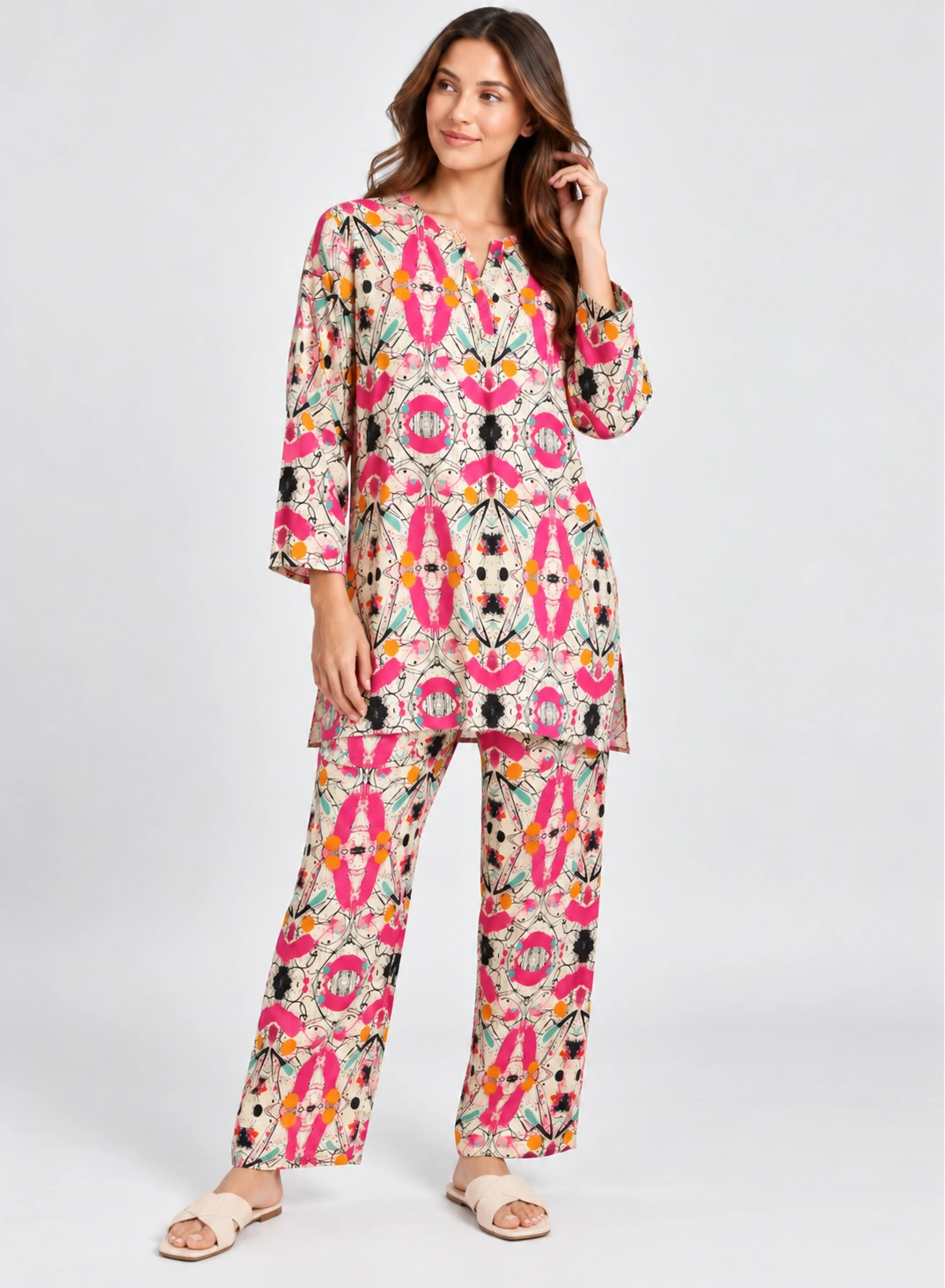 Loungewear Pink Splash by Hangout in Beige — two-piece loungewear set