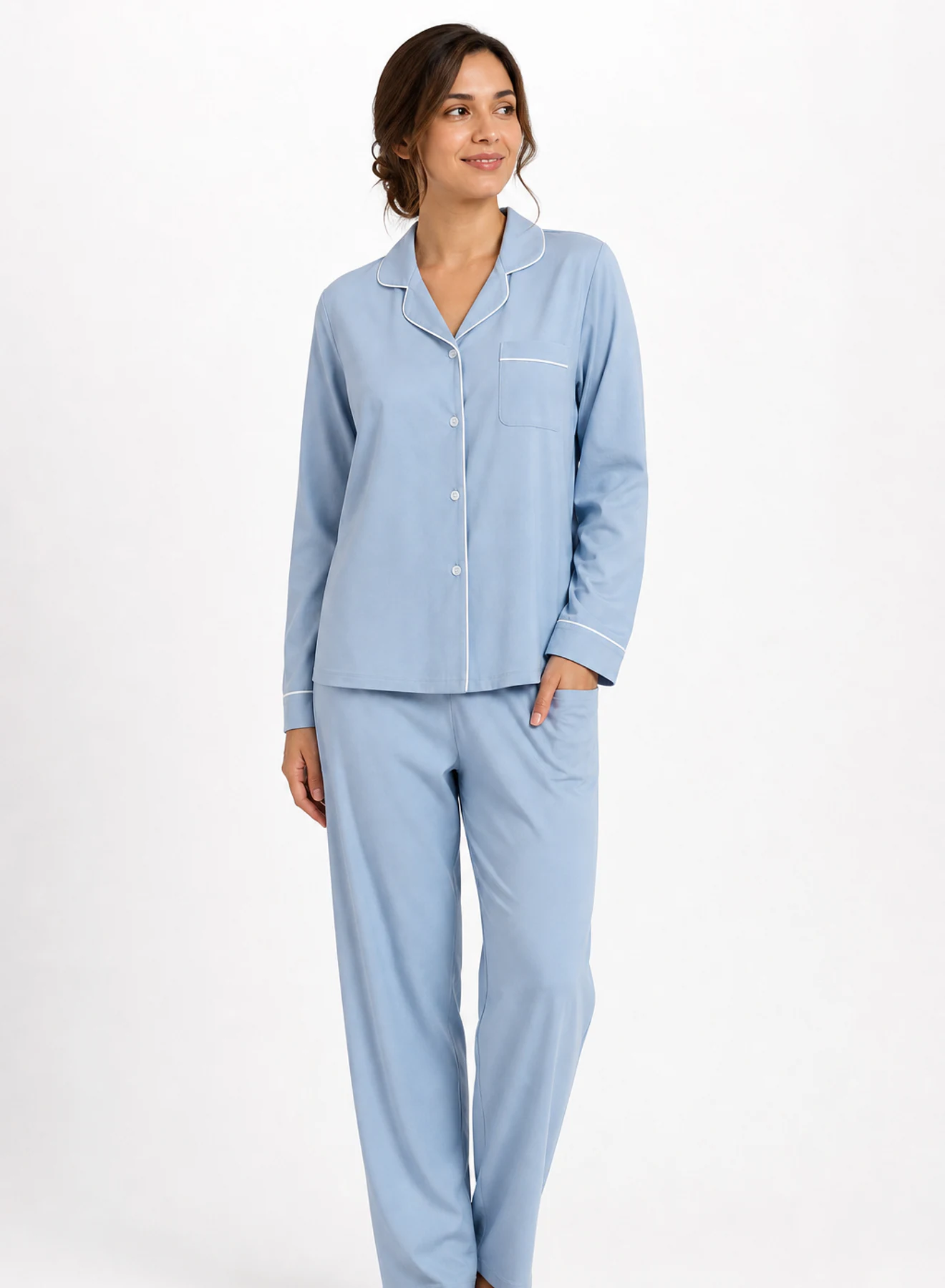 Moon Soft Night Set, two-piece nightwear set in Mist blue, Pearl white, product view on a white background