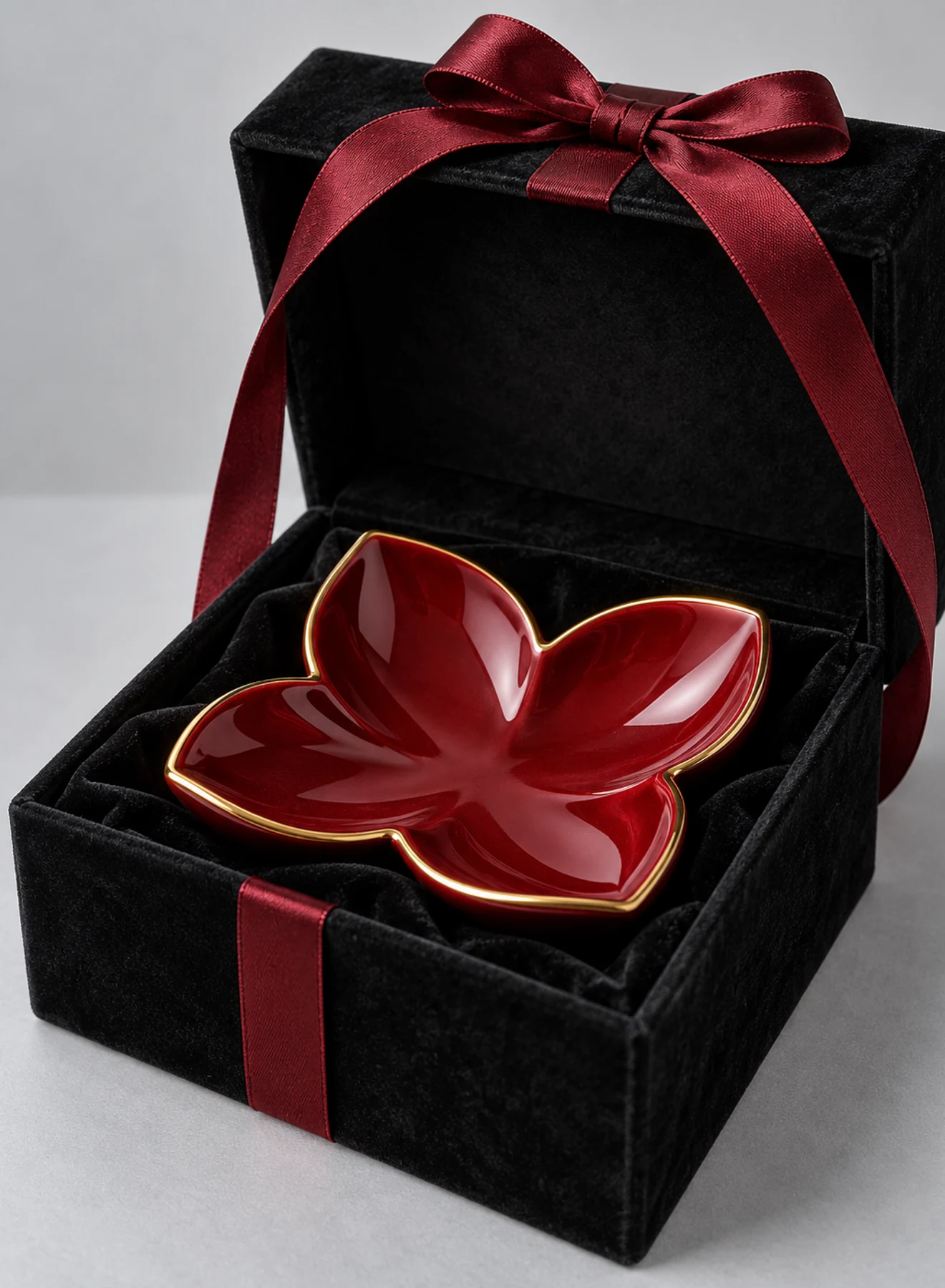 Petal Trinket Dish, trinket dish in Ruby red, Gold, Black, product view on a light studio background