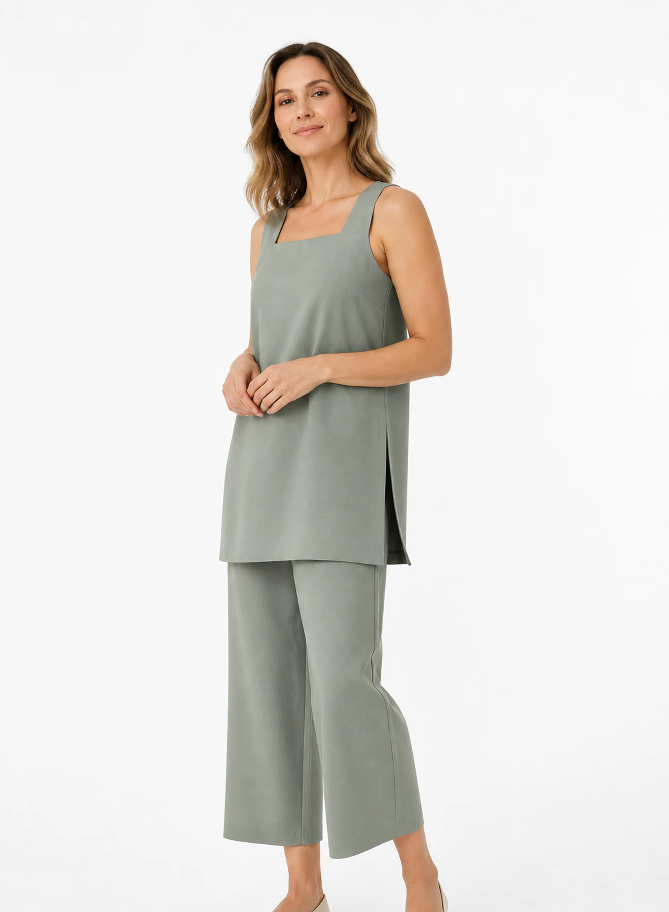 Sea Glass Co-ord Set, two-piece co-ord in Sage green, product view on a white background