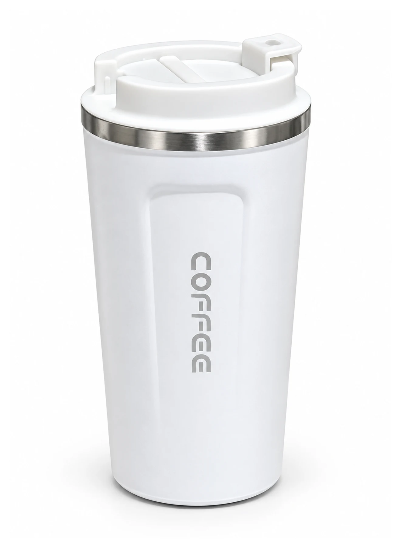White 510 ml stainless steel coffee travel mug with its flip lid closed on a white background