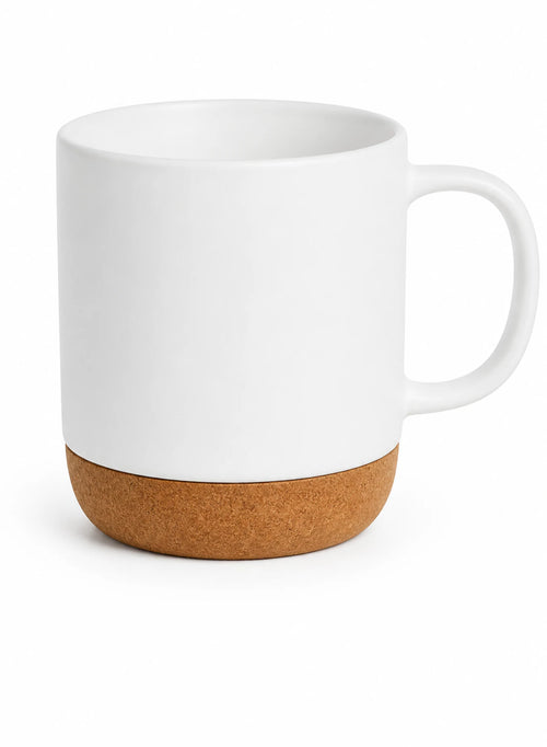Cork Base Mug — White, ceramic mug in White, Natural cork, product view on a white background