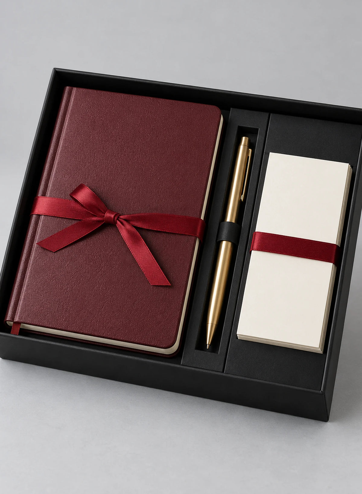 Everyday Note Set, stationery set in Burgundy, Black, Gold, product view on a light studio background