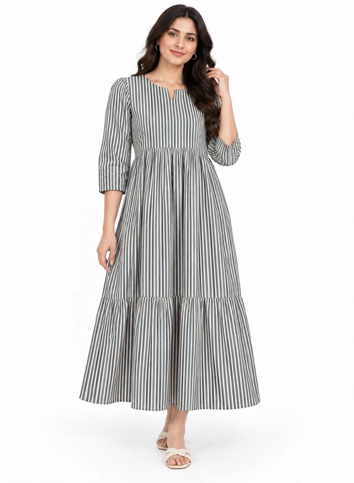 Dress Grey Stripe Long Frock