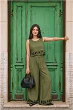 Co-ord Set Forest Whispers Embroidered by Hangout in Olive Green — two-piece co-ord set, view 2