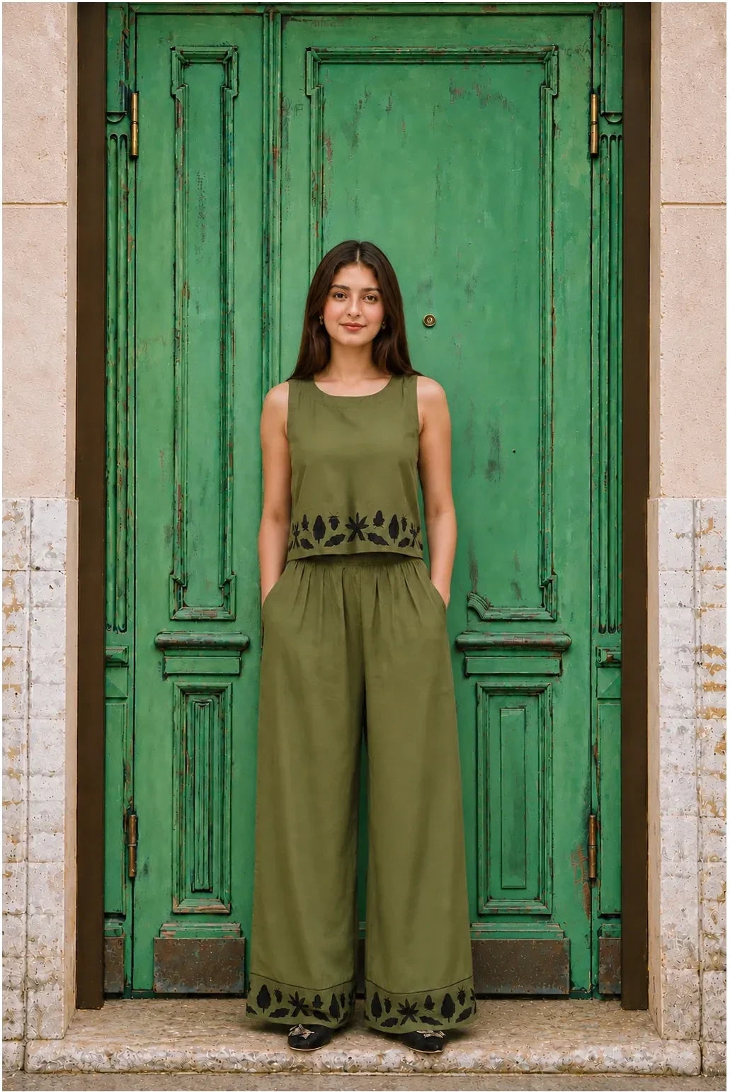 Co-ord Set Forest Whispers Embroidered by Hangout in Olive Green — two-piece co-ord set, view 3