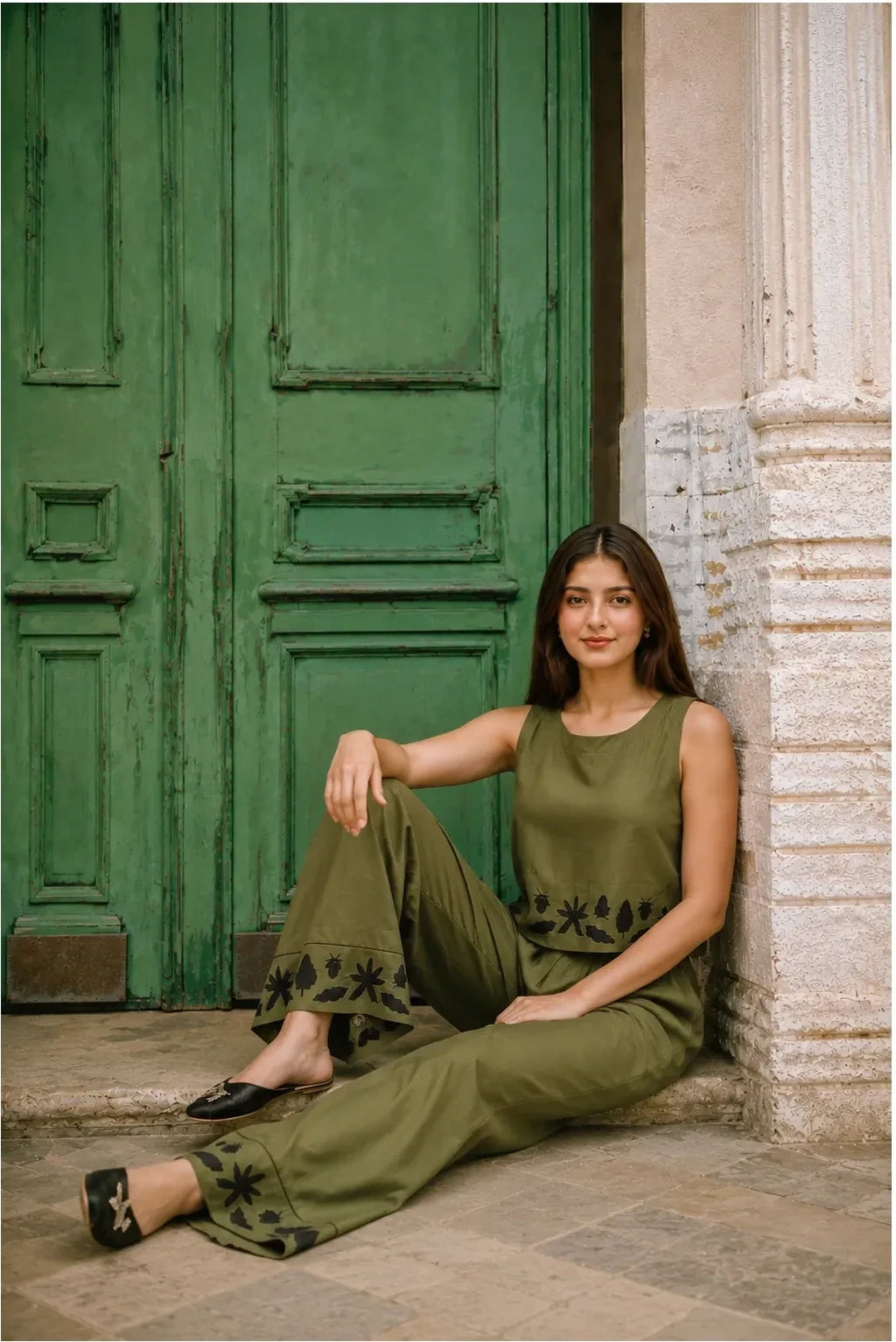 Co-ord Set Forest Whispers Embroidered by Hangout in Olive Green — two-piece co-ord set, view 4