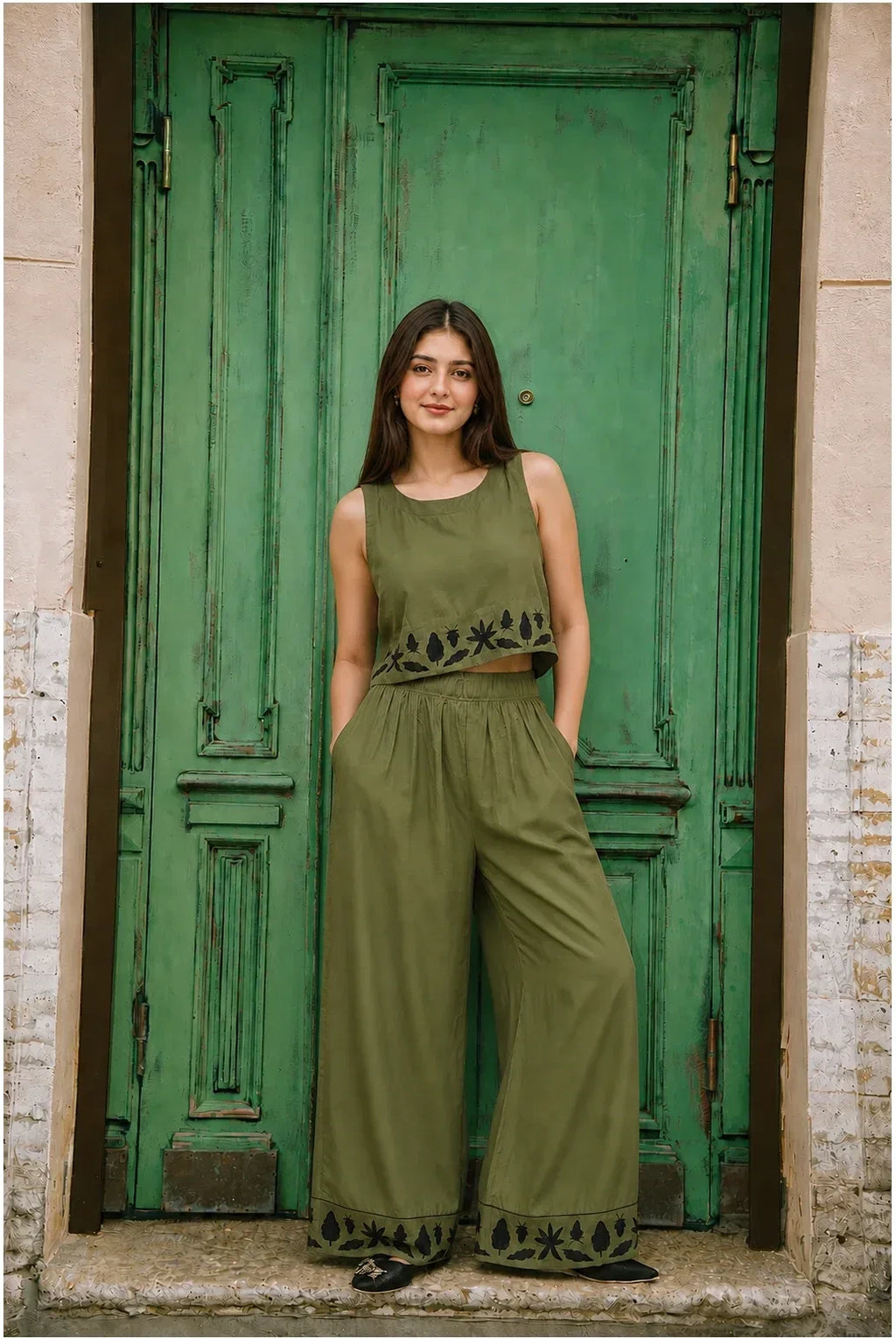 Co-ord Set Forest Whispers Embroidered by Hangout in Olive Green — two-piece co-ord set, view 5