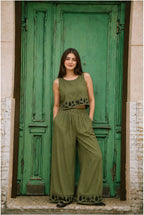 Co-ord Set Forest Whispers Embroidered by Hangout in Olive Green — two-piece co-ord set, view 5