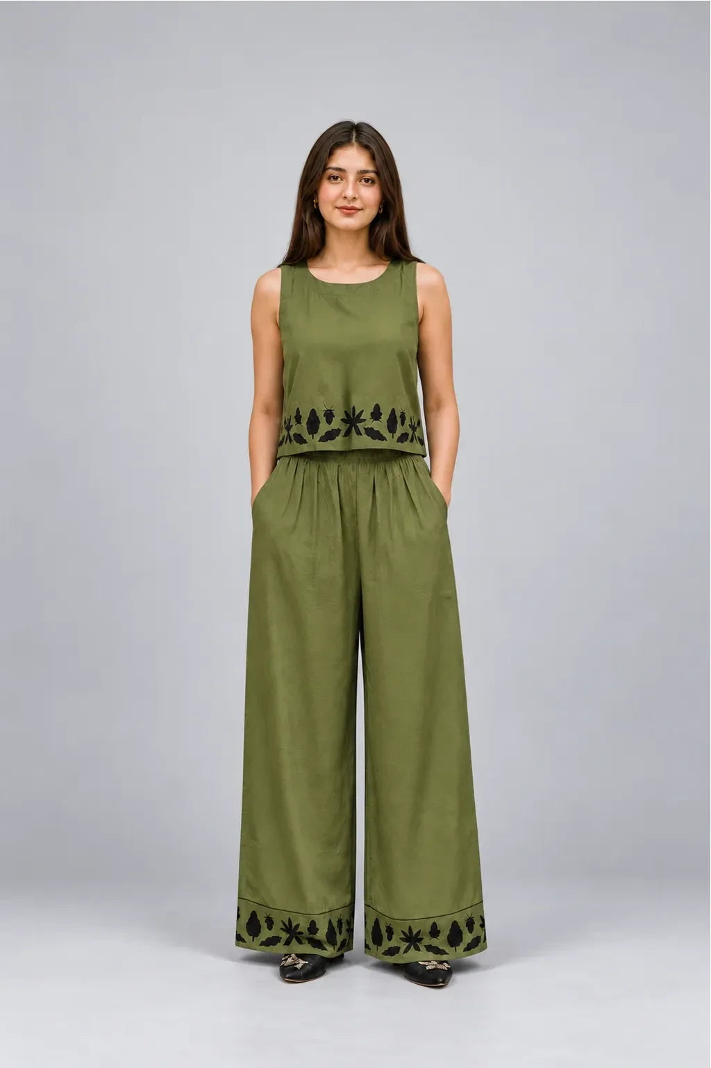 Co-ord Set Forest Whispers Embroidered by Hangout in Olive Green — two-piece co-ord set