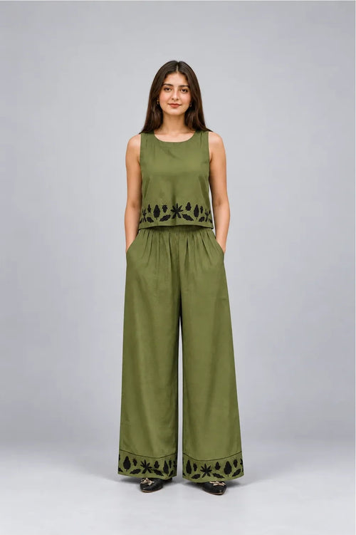 Co-ord Set Forest Whispers Embroidered by Hangout in Olive Green — two-piece co-ord set