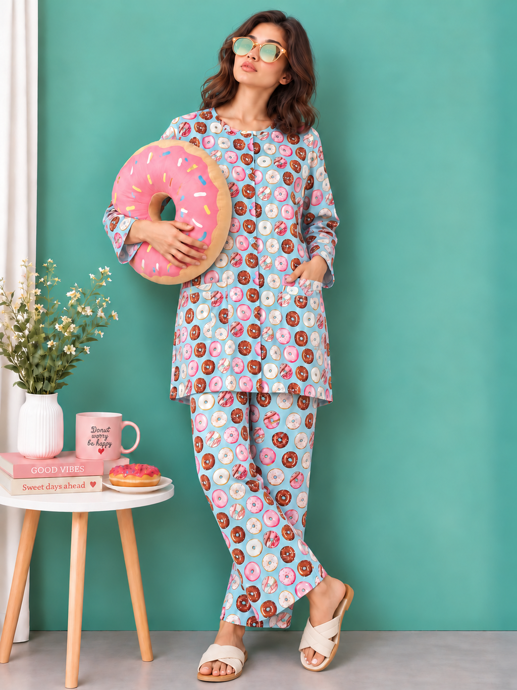 Model wearing the sky blue Hangout Donut Print Co-ord Set against a turquoise background