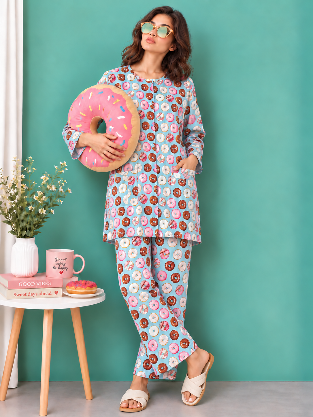 Model wearing the sky blue Hangout Donut Print Co-ord Set against a turquoise background