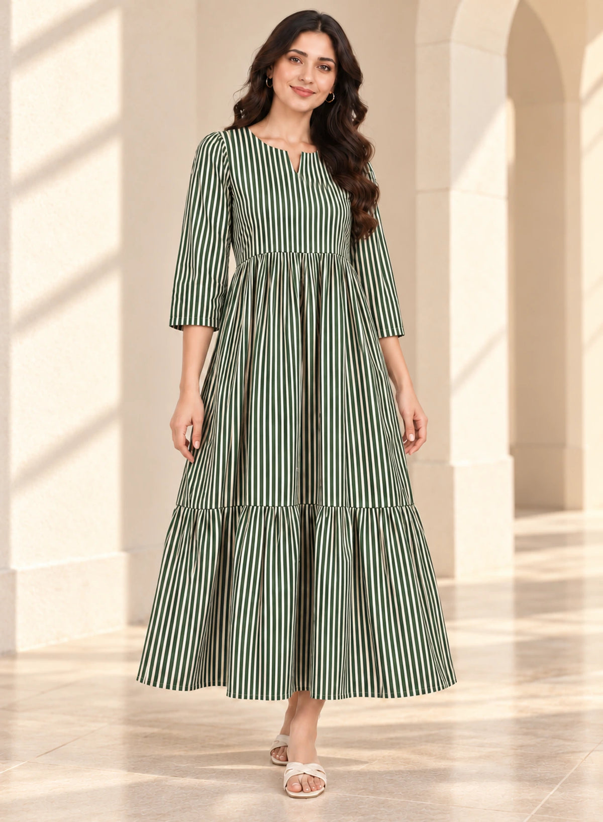 Dress Green Stripe Long Frock by Hangout in Green — long dress, view 2