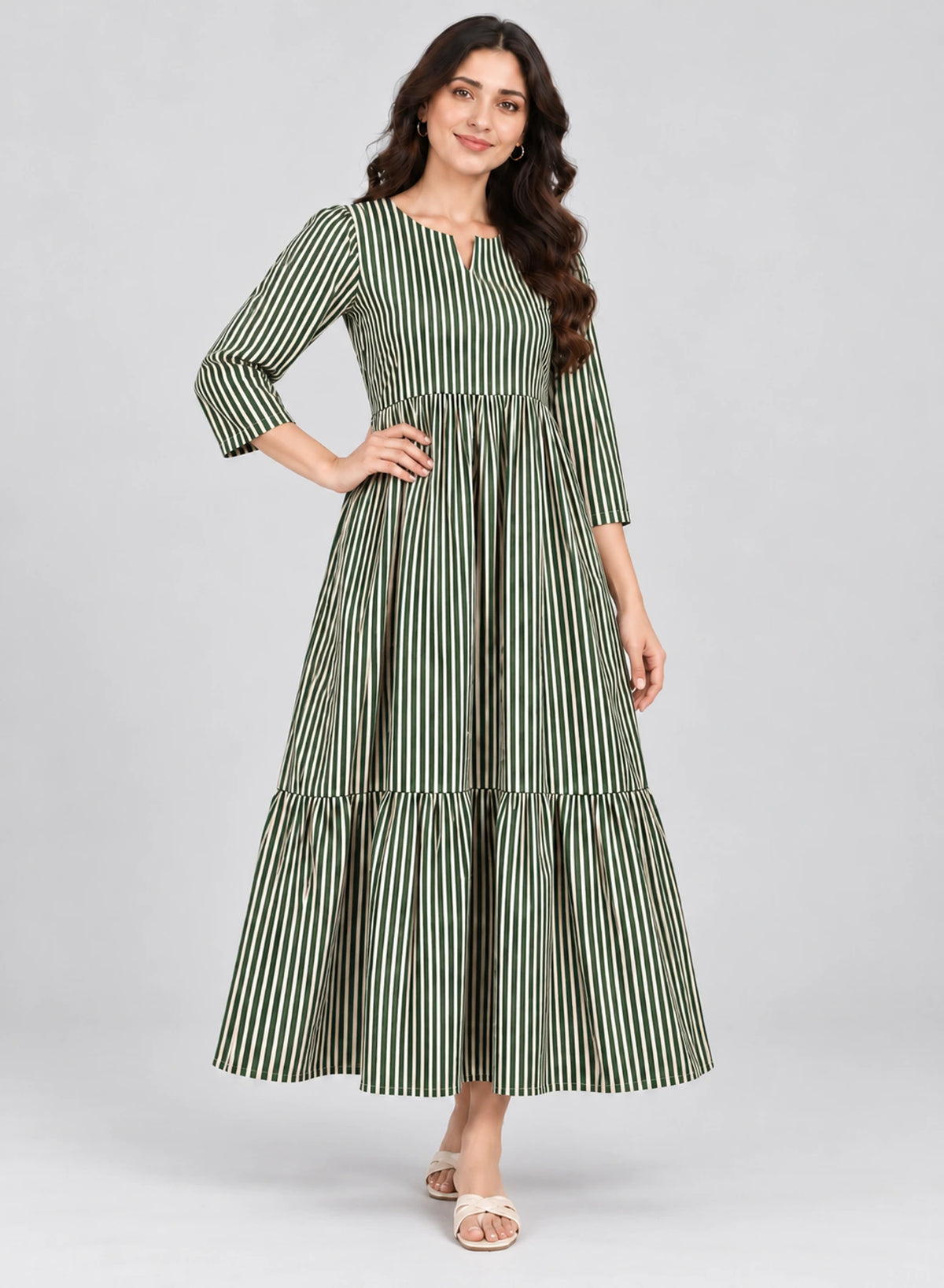 Dress Green Stripe Long Frock by Hangout in Green — long dress, view 3