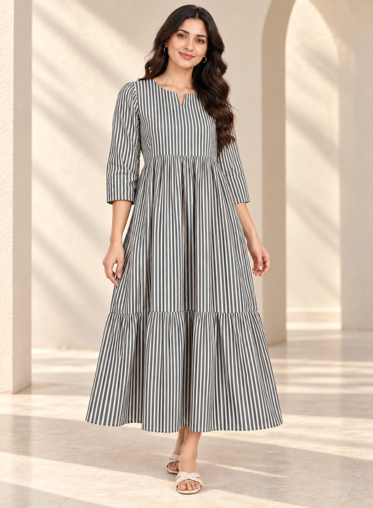 Dress Grey Stripe Long Frock by Hangout in Grey — long dress, view 2