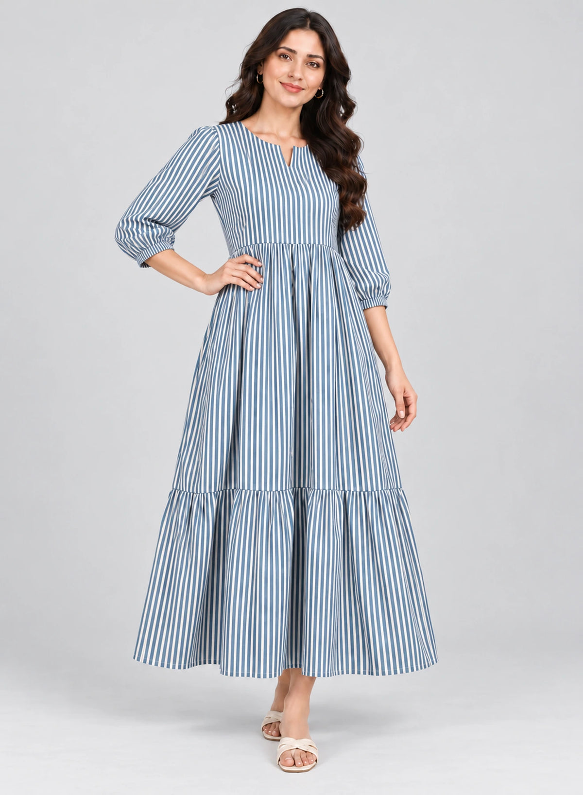 Dress Zinc Blue Stripe Long Frock by Hangout in Zinc Blue — long dress, view 3