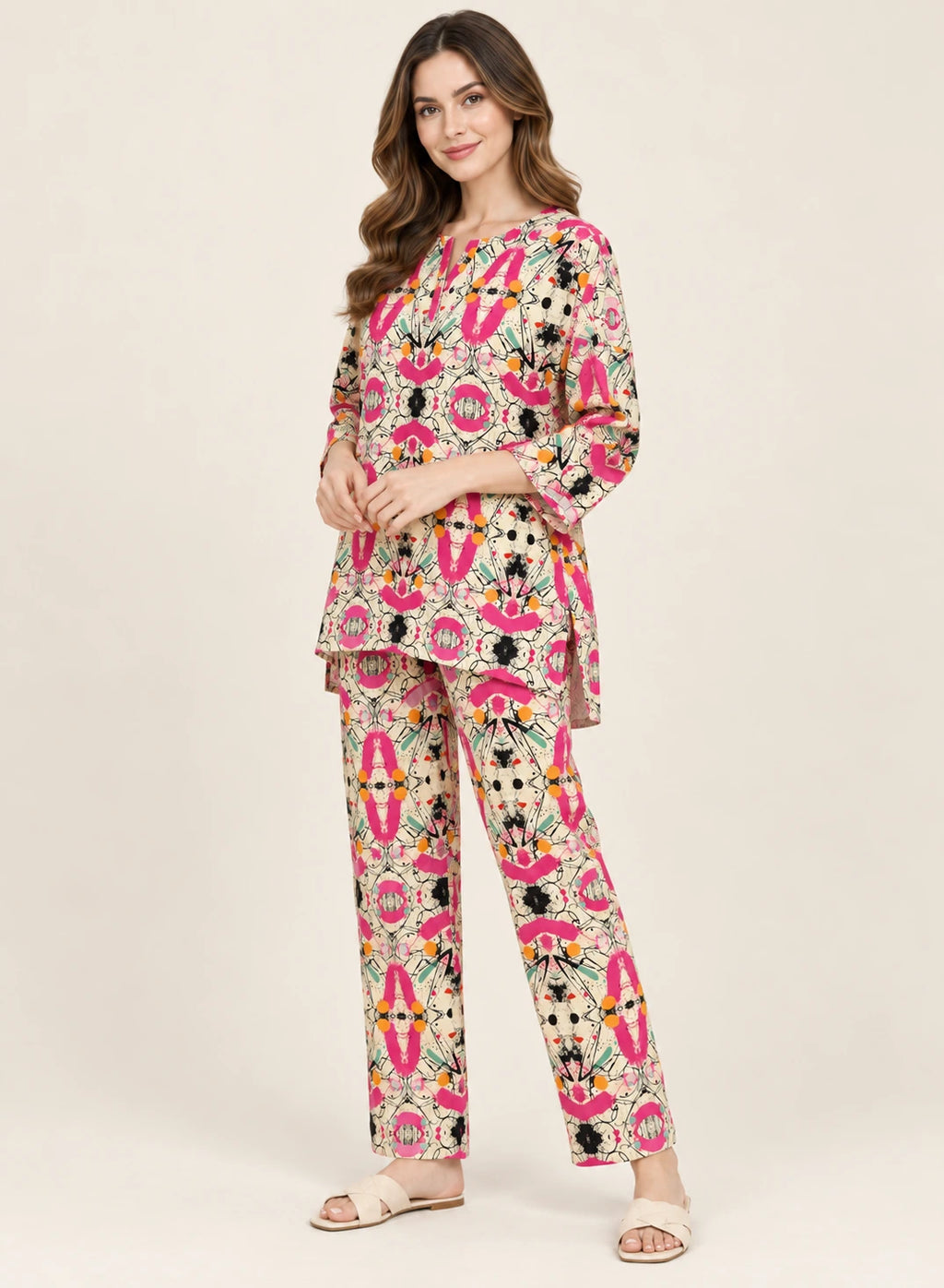 Loungewear Pink Splash by Hangout in Beige — two-piece loungewear set, view 3