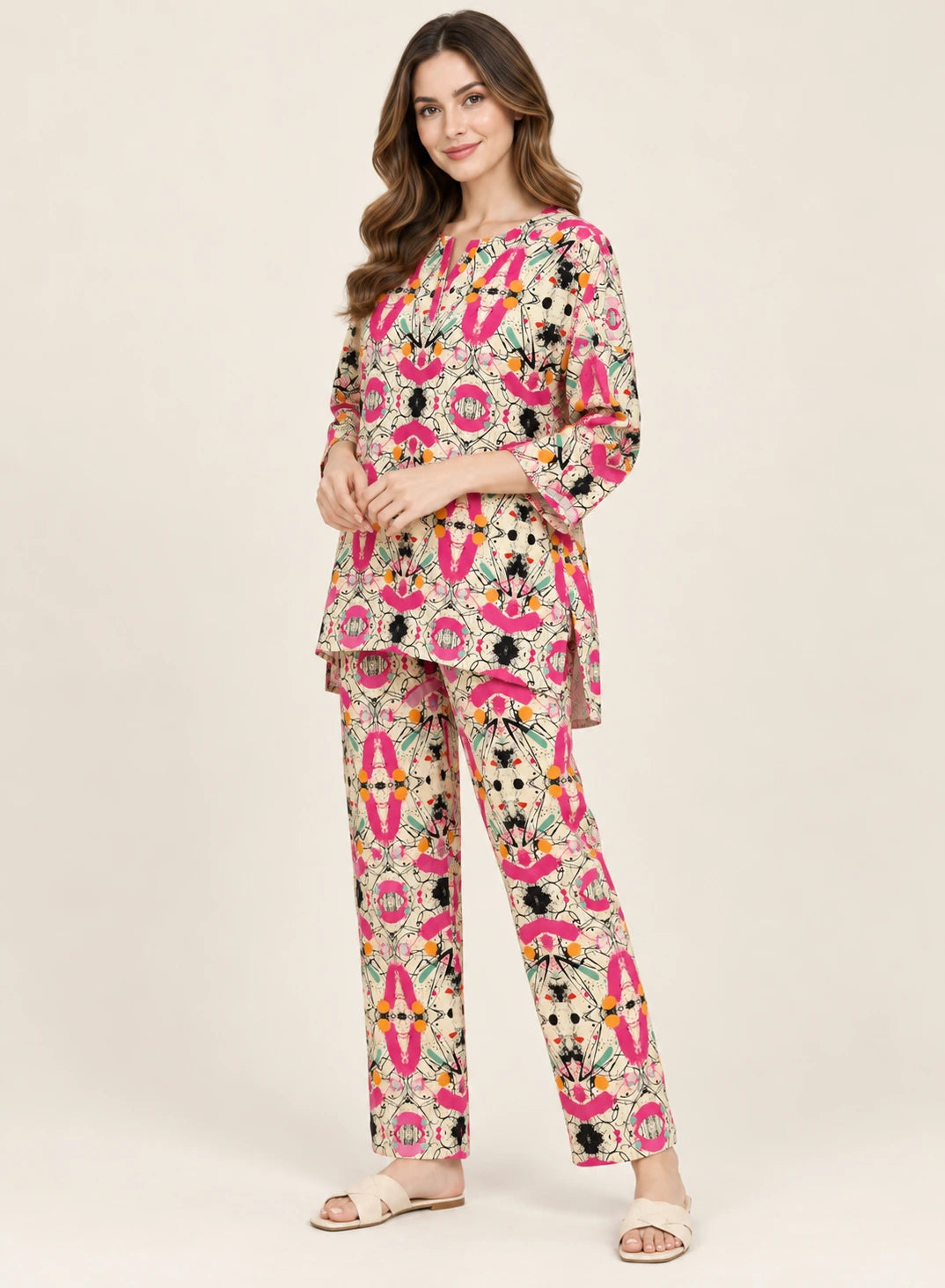Loungewear Pink Splash by Hangout in Beige — two-piece loungewear set, view 3