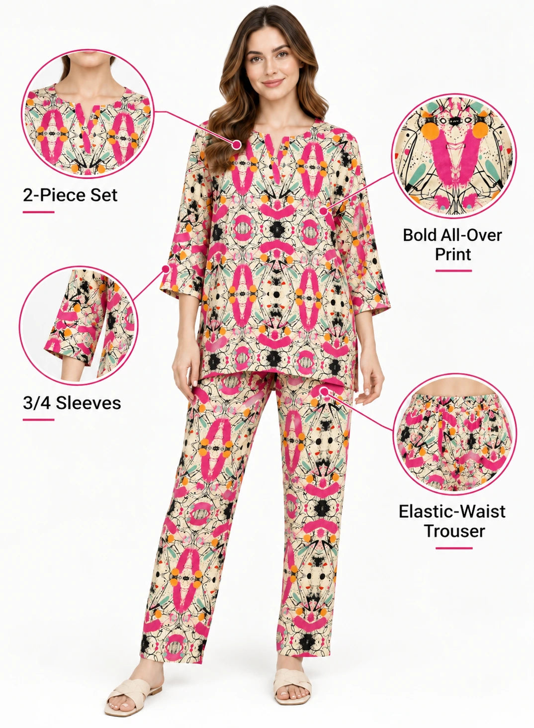 Loungewear Pink Splash by Hangout in Beige — two-piece loungewear set, view 5