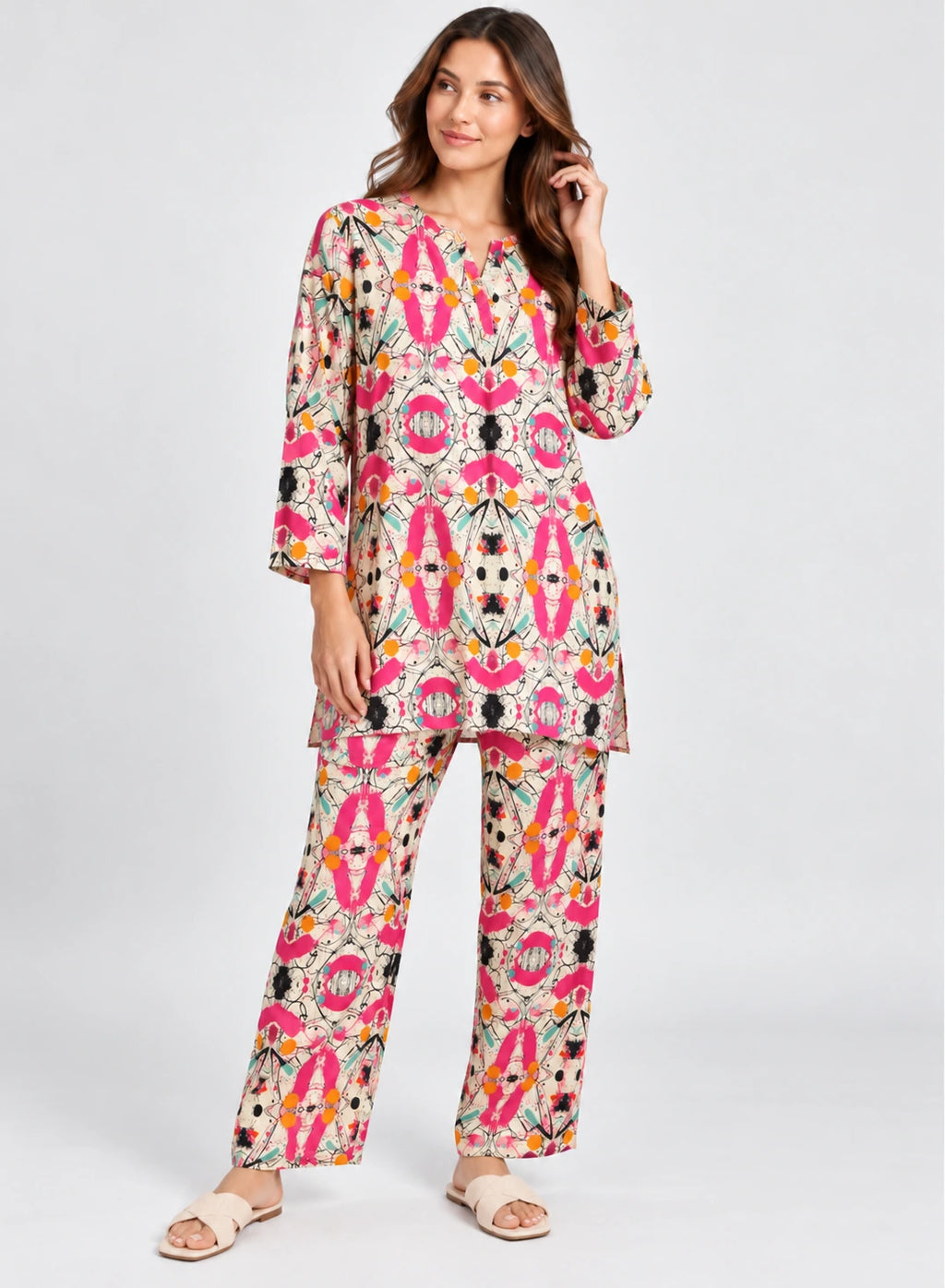 Loungewear Pink Splash by Hangout in Beige — two-piece loungewear set