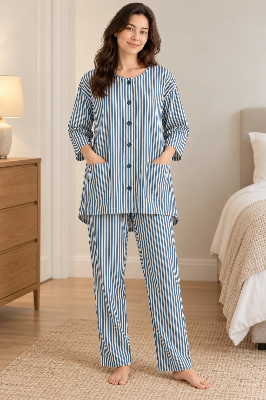 Zinc Blue Stripe Co-ord Set by Hangout in Zinc Blue — two-piece co-ord set, view 3