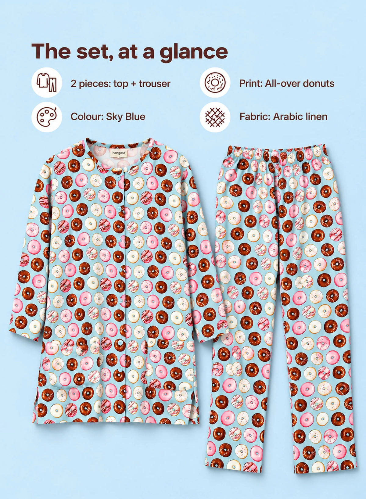 Donut Print Co-ord Set by Hangout in Sky Blue — two-piece co-ord set, view 6