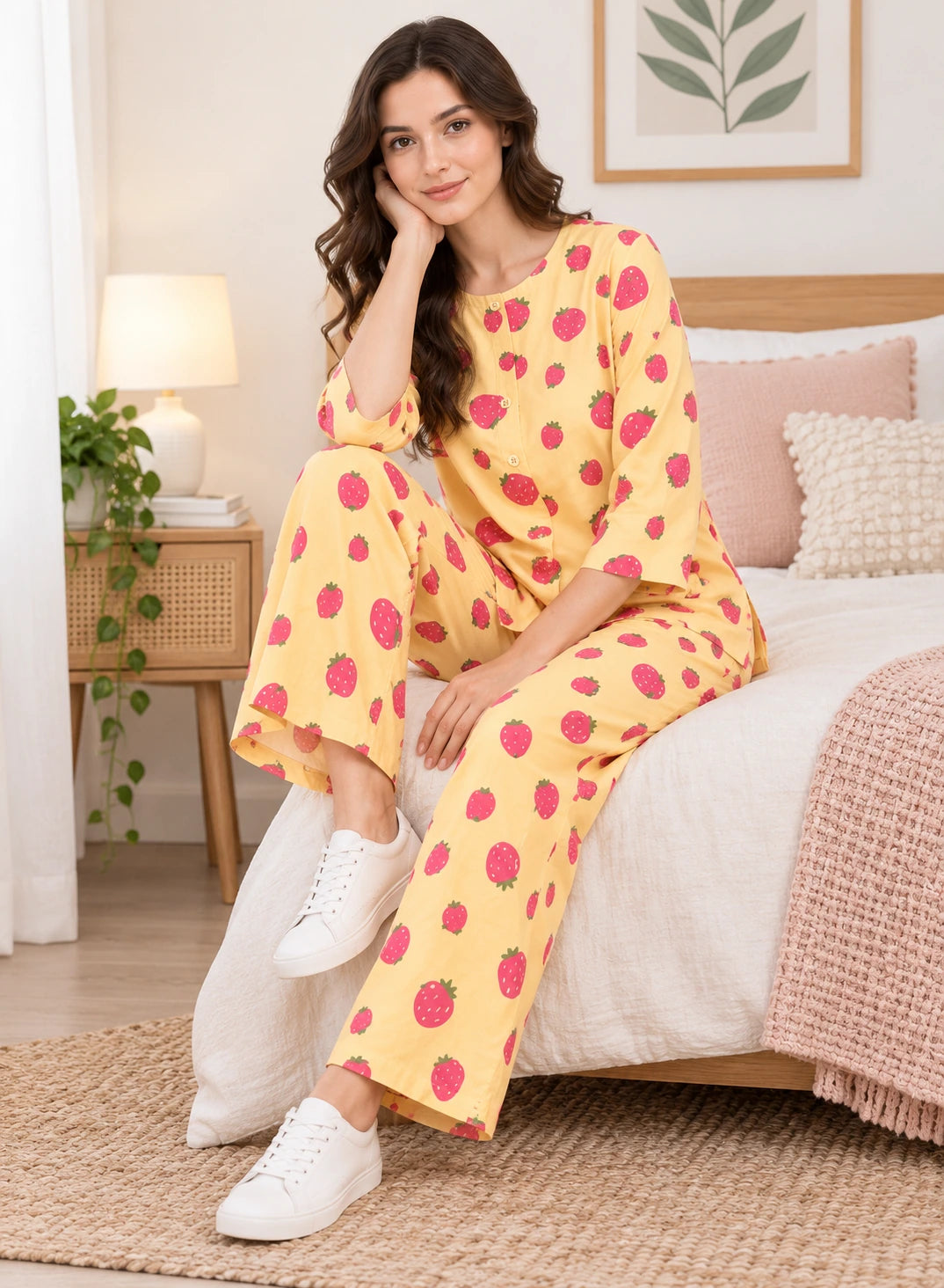 Strawberry Print Co-ord Set by Hangout in Yellow — two-piece co-ord set, view 2