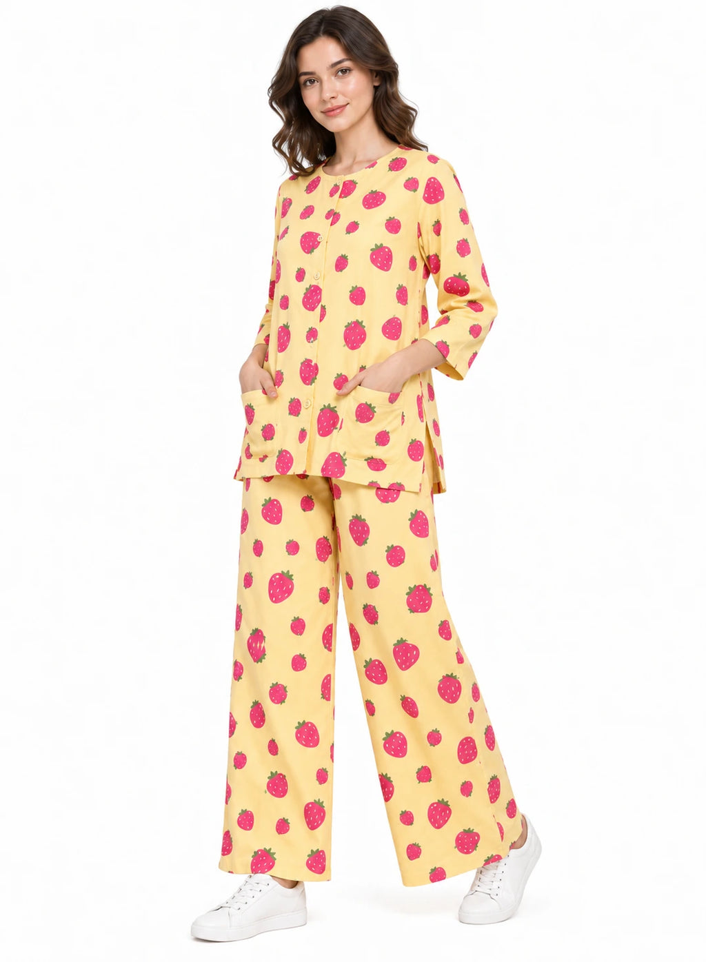 Strawberry Print Co-ord Set by Hangout in Yellow — two-piece co-ord set, view 3