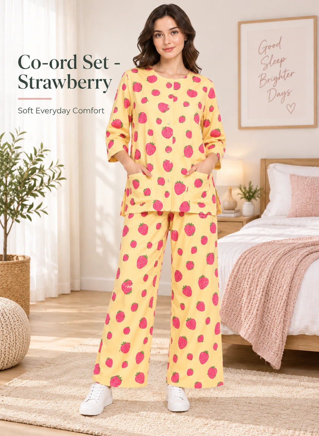 Strawberry Print Co-ord Set by Hangout in Yellow — two-piece co-ord set, view 5