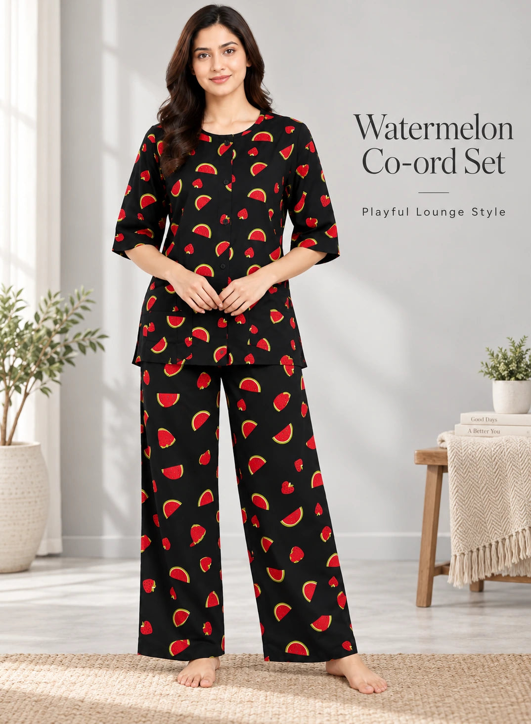 Watermelon Print Co-ord Set by Hangout in Black — two-piece co-ord set, view 2