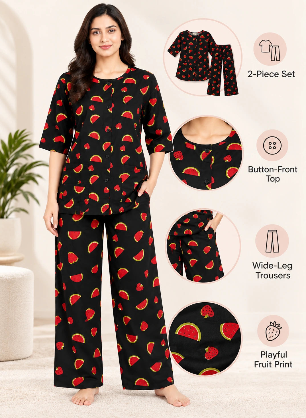 Watermelon Print Co-ord Set by Hangout in Black — two-piece co-ord set, view 3