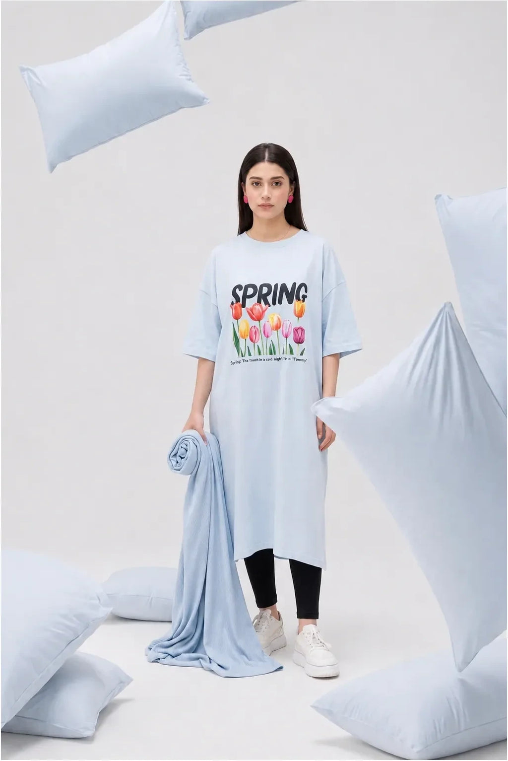 T-Shirt Spring Long Top by Hangout in Sky Blue — long t-shirt, view 2