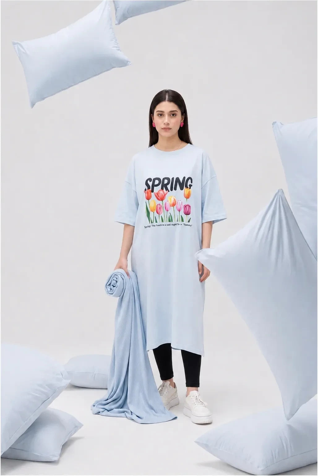 T-Shirt Spring Long Top by Hangout in Sky Blue — long t-shirt, view 2