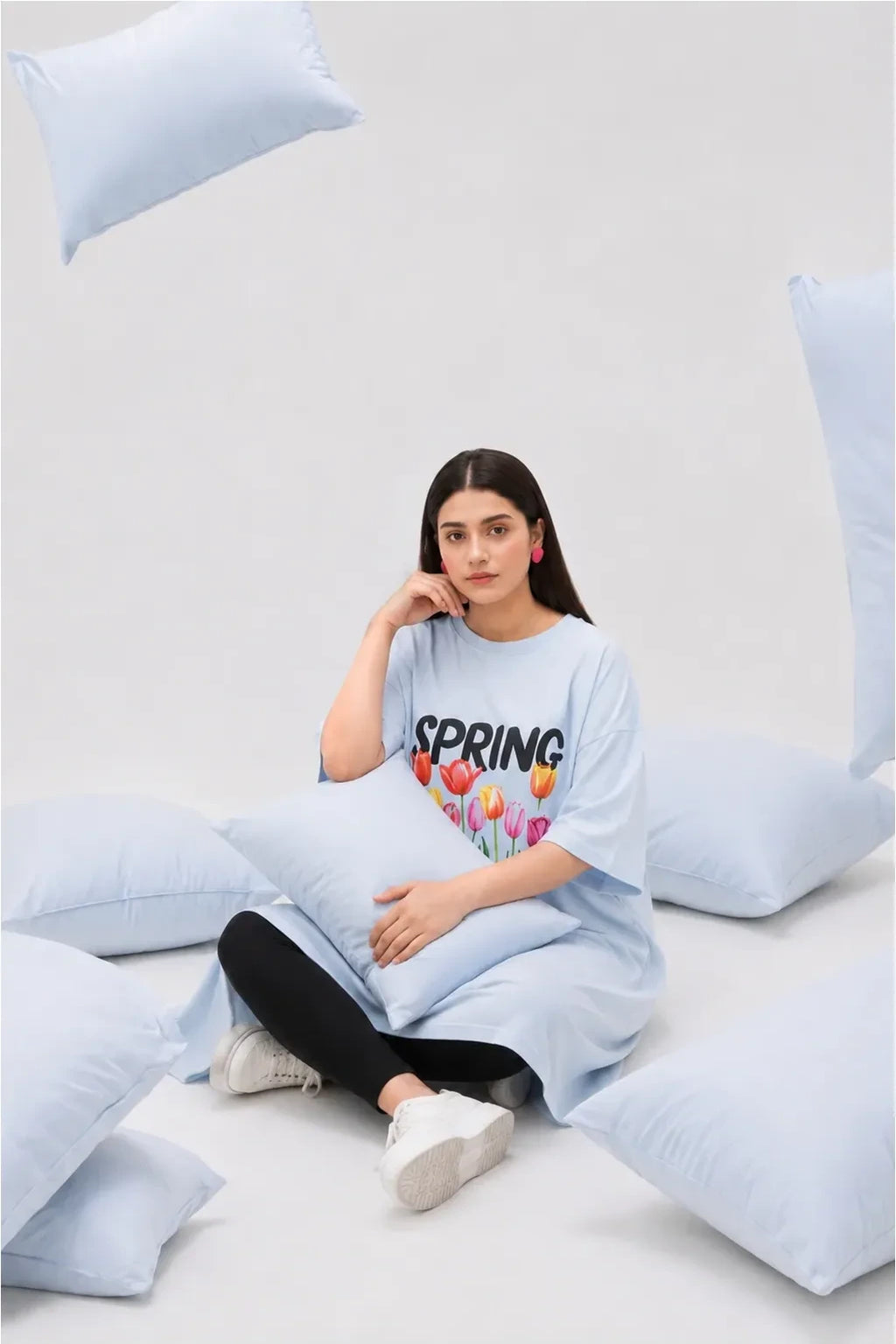 T-Shirt Spring Long Top by Hangout in Sky Blue — long t-shirt, view 3