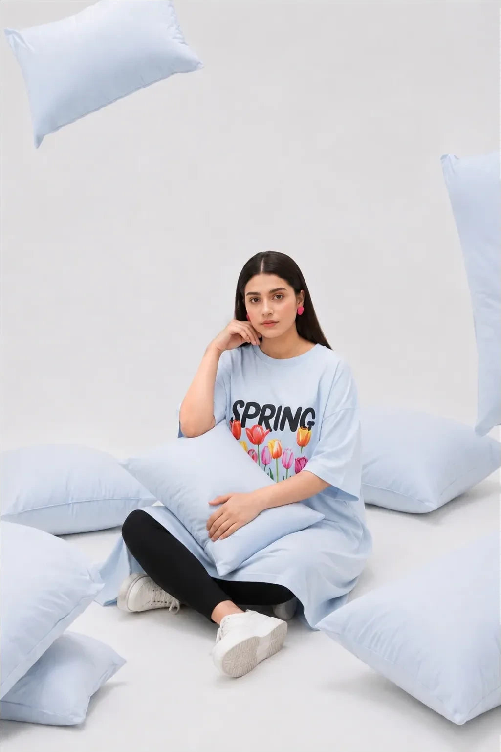 T-Shirt Spring Long Top by Hangout in Sky Blue — long t-shirt, view 3