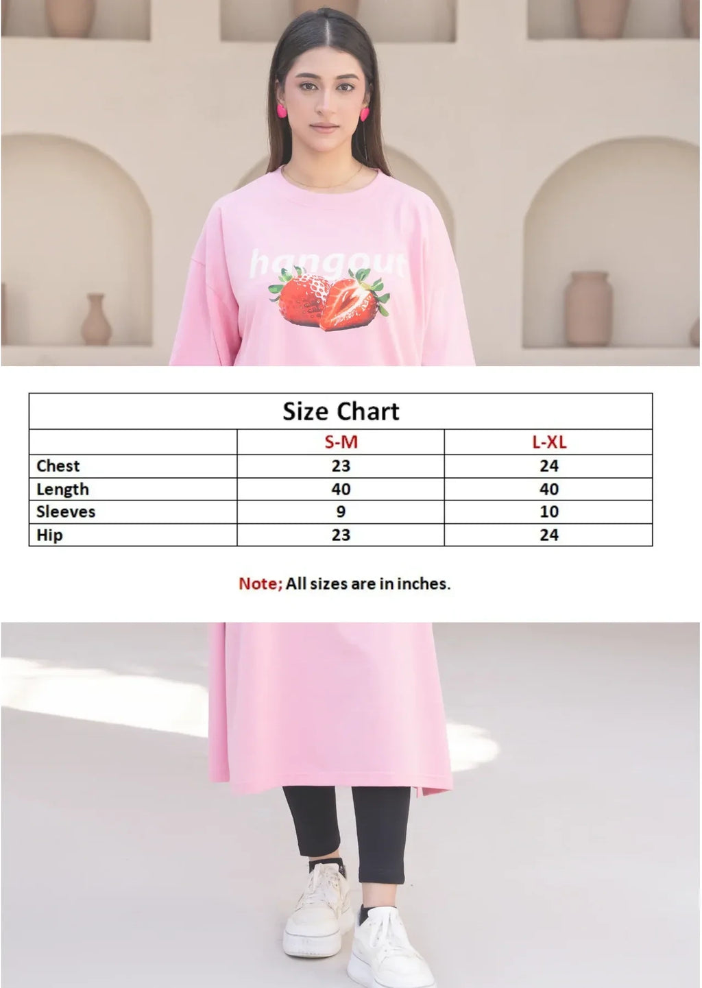 T-Shirt Strawberry Long Top by Hangout in Pink — long t-shirt, view 10