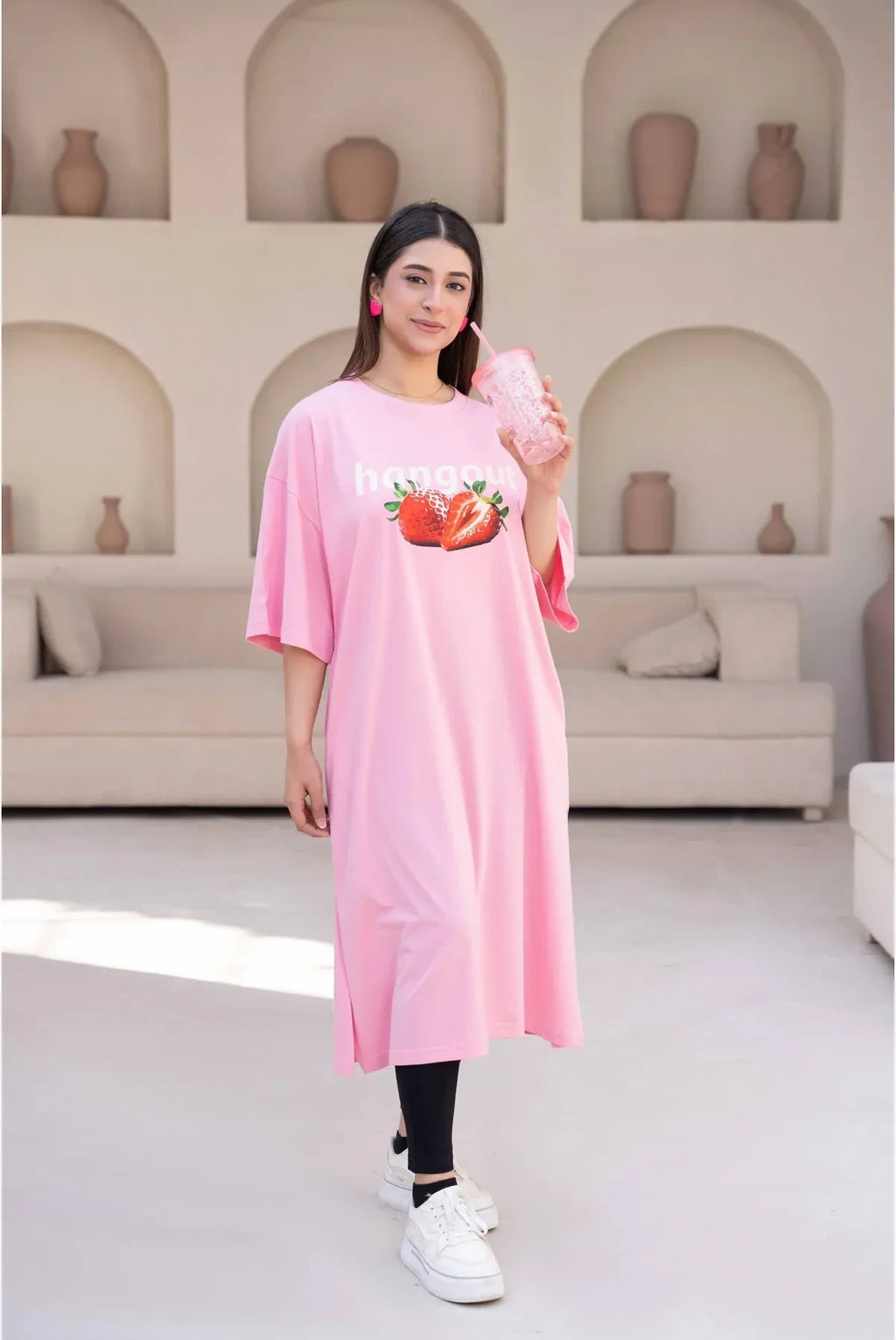 T-Shirt Strawberry Long Top by Hangout in Pink — long t-shirt, view 2