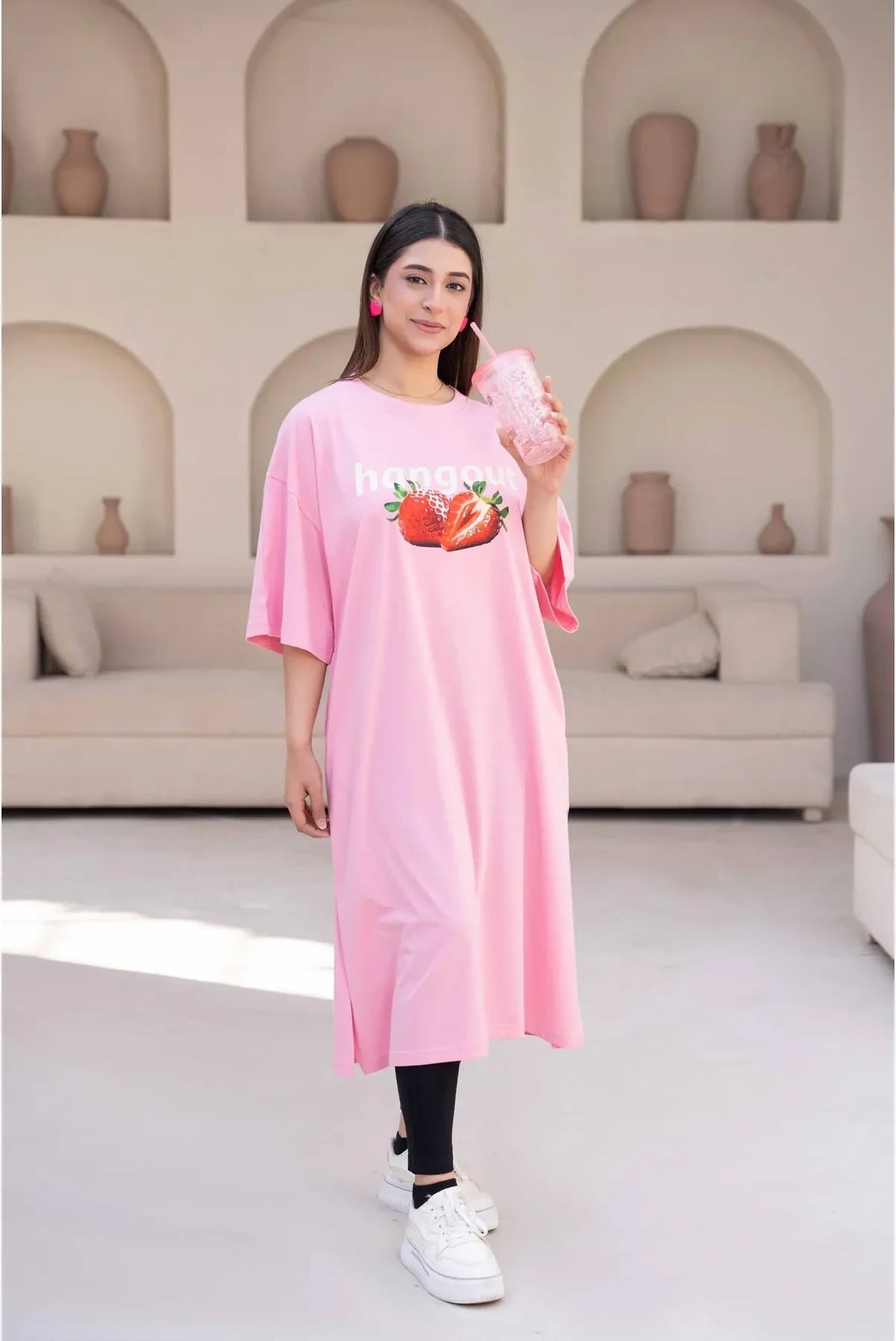 T-Shirt Strawberry Long Top by Hangout in Pink — long t-shirt, view 2