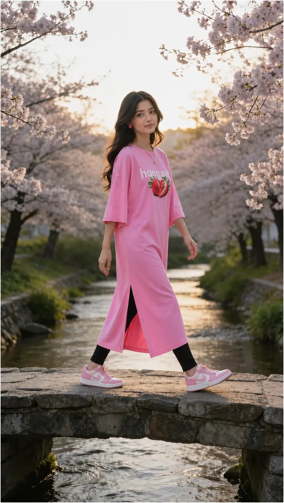 T-Shirt Strawberry Long Top by Hangout in Pink — long t-shirt, view 3
