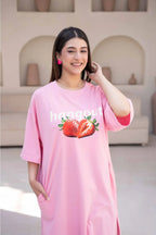 T-Shirt Strawberry Long Top by Hangout in Pink — long t-shirt, view 5