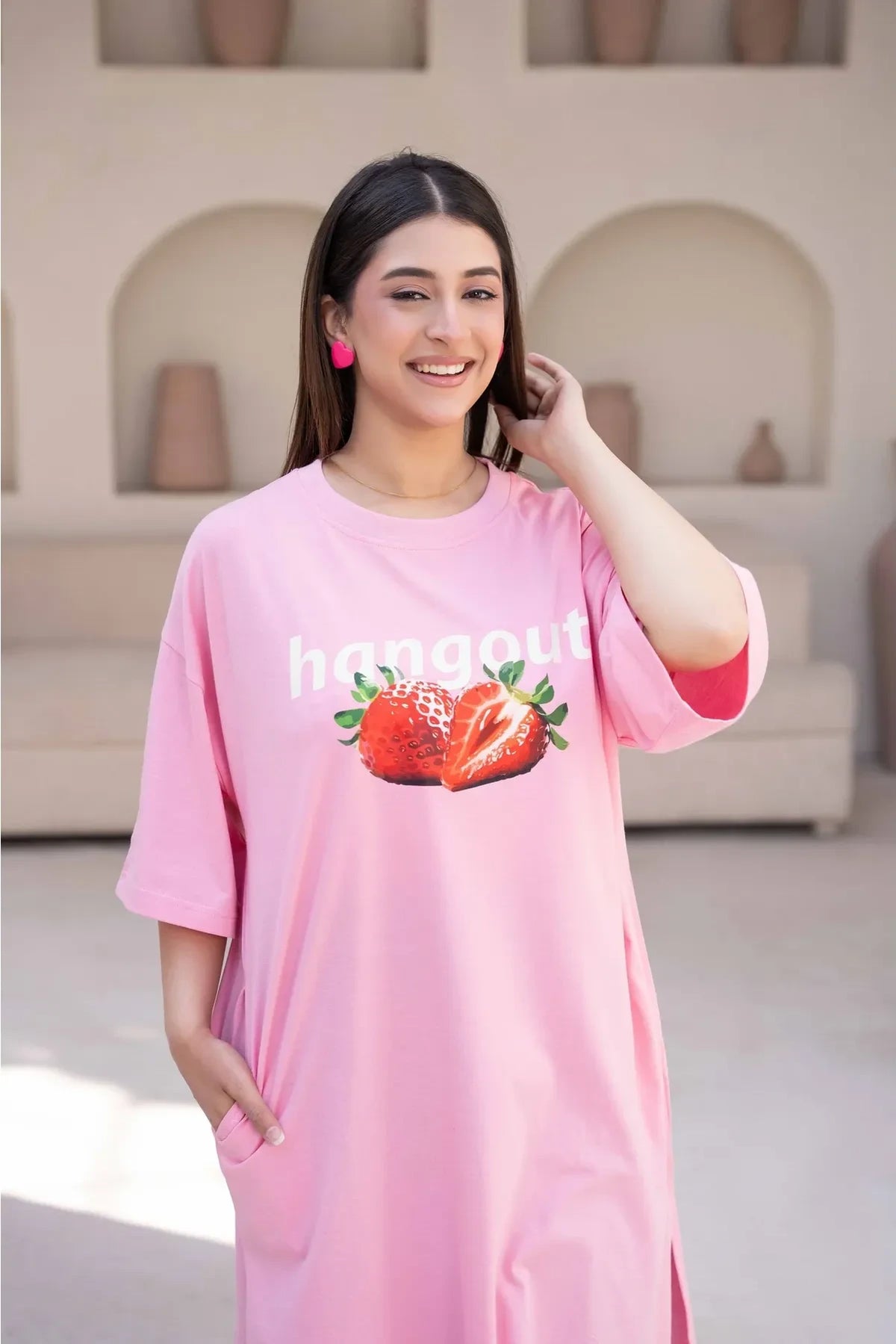 T-Shirt Strawberry Long Top by Hangout in Pink — long t-shirt, view 5