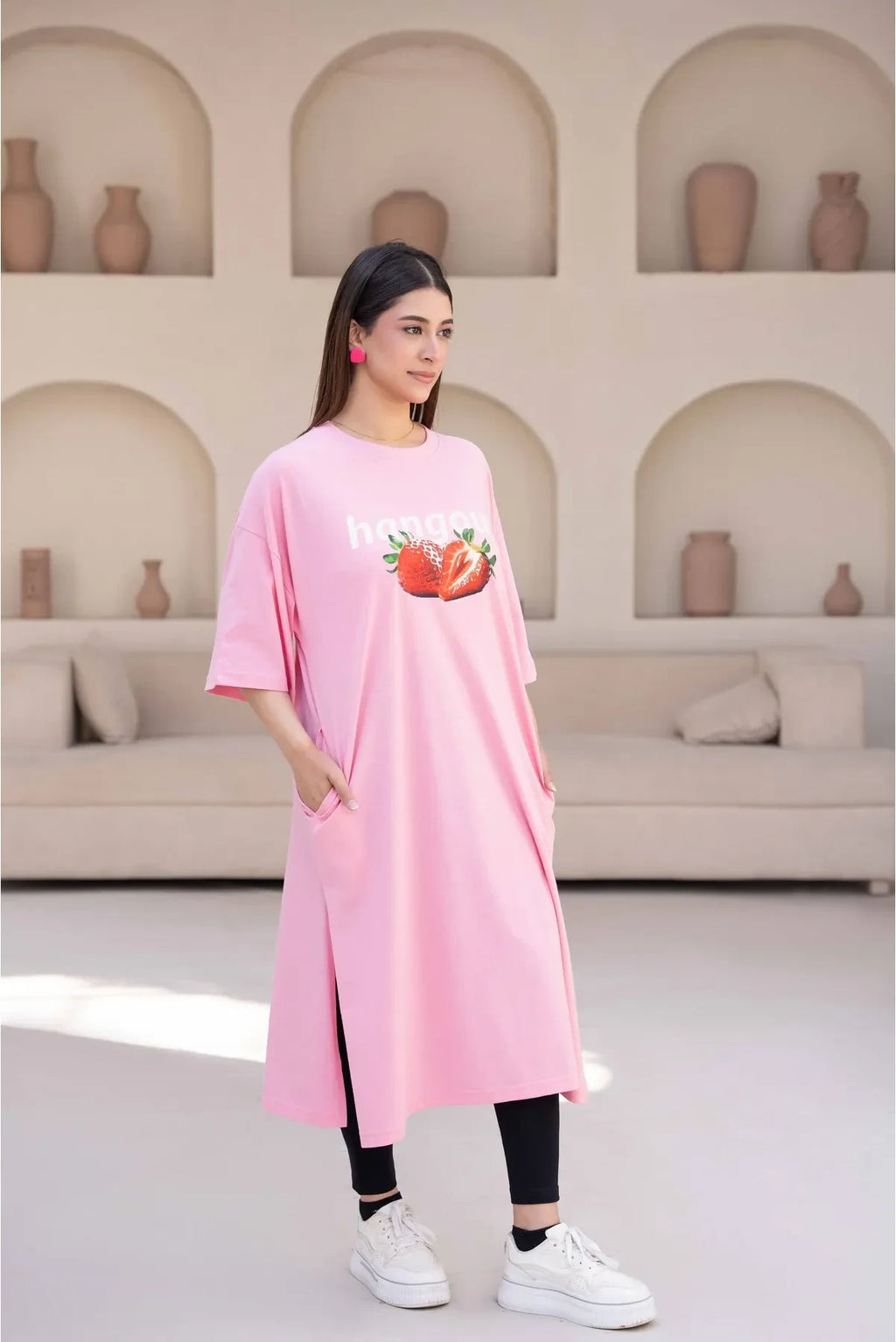 T-Shirt Strawberry Long Top by Hangout in Pink — long t-shirt, view 6