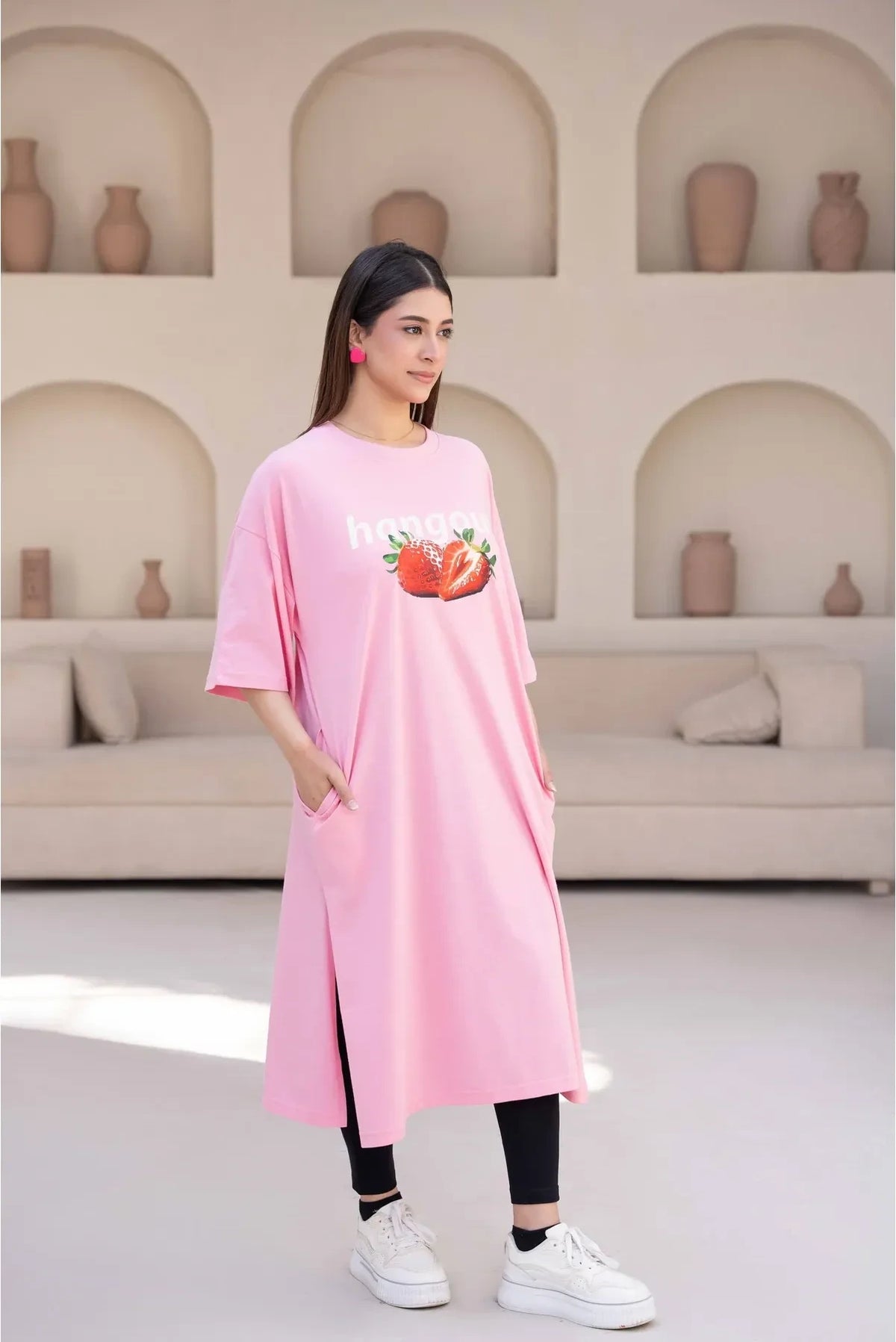 T-Shirt Strawberry Long Top by Hangout in Pink — long t-shirt, view 6